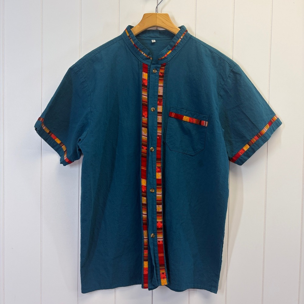 Boho Ethnic Button Down Short Sleeve Shirt Men Size L Southwestern Festival